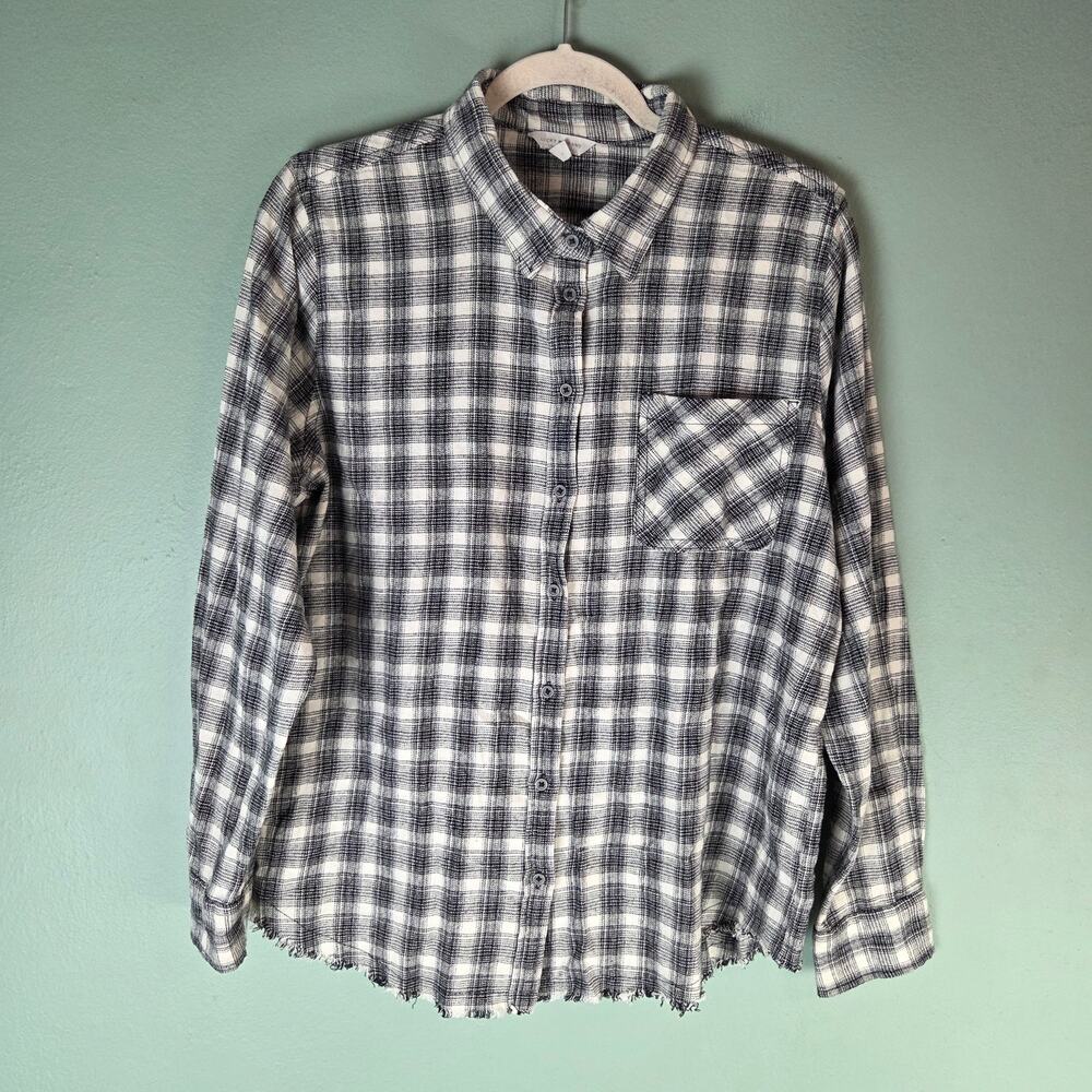 Lucky Brand Womens Black Plaid Frayed Hem Button Up Cropped Shirt Medium Grunge